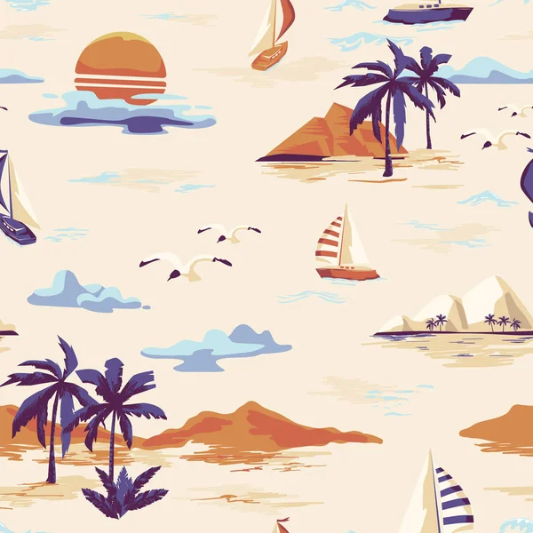 Vintage Magnifique motif d'île sans couture sur fond blanc. Paysage avec palmiers, yacht, plage et vecteur océan dessiné à la main style — Image vectorielle