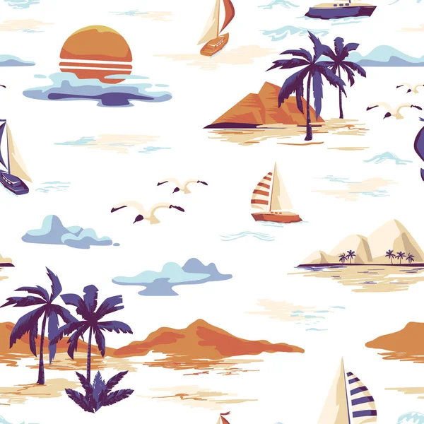 Vintage bela ilha sem costura padrão no fundo branco. Paisagem com palmeiras, iate, praia e oceano vetor mão estilo desenhado —  Vetores de Stock