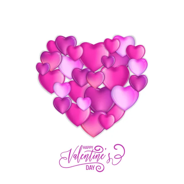 3D színes szívek, boldog Valentin-nap kézzel rajzolt betűkkel tervezése, szerelem kártya vektoros illusztráció, esküvői buli – szórólap és plakát — Stock Vector