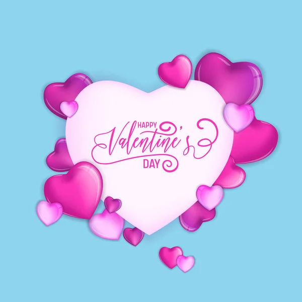 3d corações coloridos para feliz dia dos namorados mão desenhada letras design, ilustração do vetor do cartão de amor, casamento partido panfleto ou cartaz — Vetor de Stock