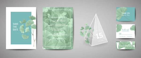 Botanik retro düğün davetiye kartı, modern Save tarihi, şablon tasarım ginkgo biloba, illüstrasyon bırakır. Vektör trendy kapak, pastel grafik afiş, broşür — Stok Vektör