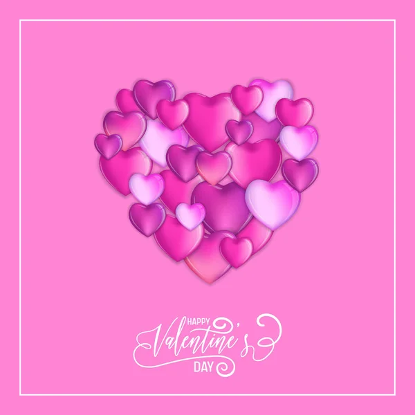 3D-kleurrijke harten Happy Valentines Day Hand getrokken belettering design, liefde kaart vectorillustratie, bruiloft partij Flyer of Poster — Stockvector