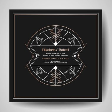 Art deco düğün davetiyesi, altın geometrik çerçeve ile lüks tarihi kaydetmek kartı. Vektör trendy kapak, grafik afiş, gatsby 1920 broşür, tasarım şablonu