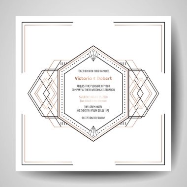 Art deco düğün davetiyesi, altın geometrik çerçeve ile lüks tarihi kaydetmek kartı. Vektör trendy kapak, grafik afiş, gatsby 1920 broşür, tasarım şablonu