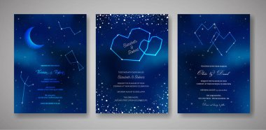 Yıldızlı gece düğün davetiye, kaydetmek tarihi göksel şablon, Galaxy, uzay, yıldız, trendy gökyüzü illüstrasyon vektör ayarla
