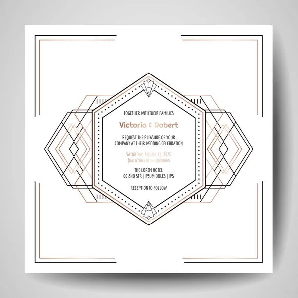 アールデコ結婚式招待状 ゴールドの幾何学的なフレームと高級日付カード ベクトル トレンディなカバー グラフィック ポスター ギャツビー 1920年パンフレット デザイン テンプレート — ストックベクタ