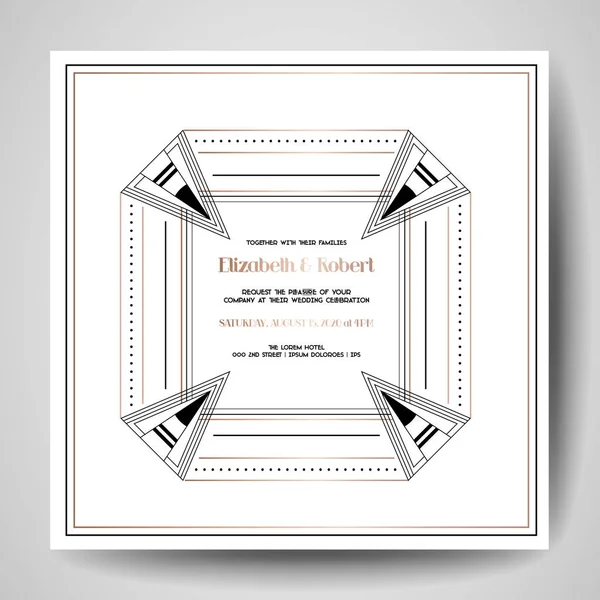 Art deco zaproszenia ślubne, karty luksusowych Zapisz daty z gold geometryczne ramki. Wektor graficzny plakat, gatsby 1920 broszura, modną obudowę, szablon projektu — Wektor stockowy