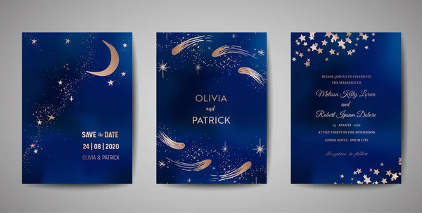 Noite mágica céu azul escuro com estrelas cintilantes vetor convite de casamento. Set of Save the Date Cartões com ouro brilho pó respingo fundo, mão desenhada pó dourado, meia-noite maneira leitosa, conto de fadas — Vetor de Stock