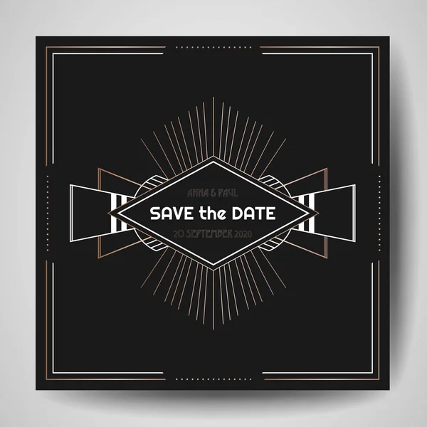 Art déco bröllopsinbjudan, Luxury Spara datumet-kort med guld geometriska ram. Vektor trendiga cover, grafisk affisch, gatsby 1920 broschyr, formgivningsmall — Stock vektor