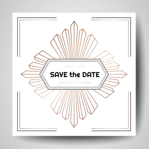 Art deco Invitación de la boda, Lujo Guardar la tarjeta Fecha con marco geométrico de oro. Portada de moda vectorial, póster gráfico, gatsby 1920 folleto, plantilla de diseño — Vector de stock