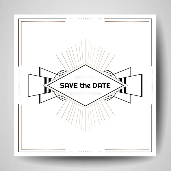 Convite de casamento Art Deco, Luxo Salvar o cartão de data com moldura geométrica de ouro. Capa de moda vetorial, cartaz gráfico, brochura gatsby 1920, modelo de design — Vetor de Stock