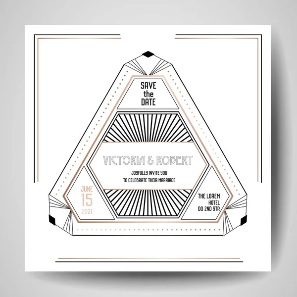 Invito di nozze art deco, lusso Salva la data carta con cornice geometrica in oro. Copertina di tendenza vettoriale, poster grafico, prospetto gatsby 1920, modello di design — Vettoriale Stock