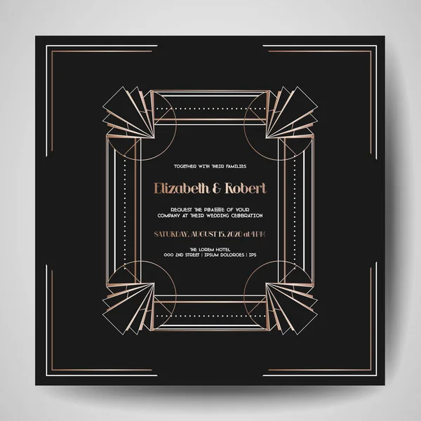 Art Deco Wedding Invitation, Luxury Save the Date card with gold geometric frame. Векторная модная обложка, графический плакат, брошюра "Гэтсби 1920", шаблон дизайна — стоковый вектор