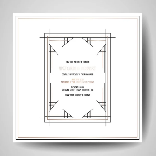 De uitnodiging van de bruiloft van Art deco, luxe Save the Date kaart met Gouden geometrische frame. Vector grafische poster, gatsby 1920 brochure, trendy cover, ontwerpsjabloon — Stockvector