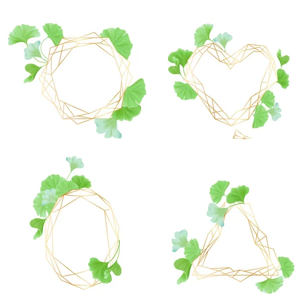 Collectie van Gouden geometrische frames met groene ginkgo verlaat, art decostijl voor bruiloft uitnodiging met luxe sjablonen, decoratieve patronen, moderne abstracte elementen, vectorillustratie — Stockvector