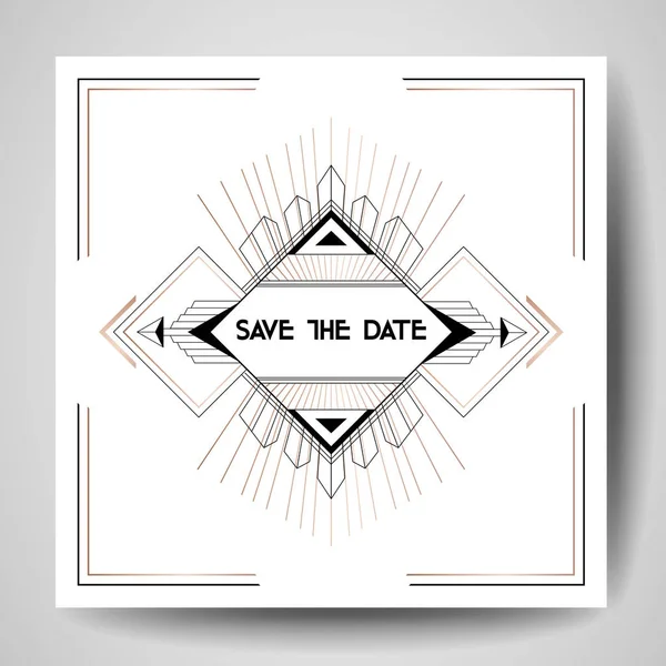 De uitnodiging van de bruiloft van Art deco, luxe Save the Date kaart met Gouden geometrische frame. Vector grafische poster, gatsby 1920 brochure, trendy cover, ontwerpsjabloon — Stockvector