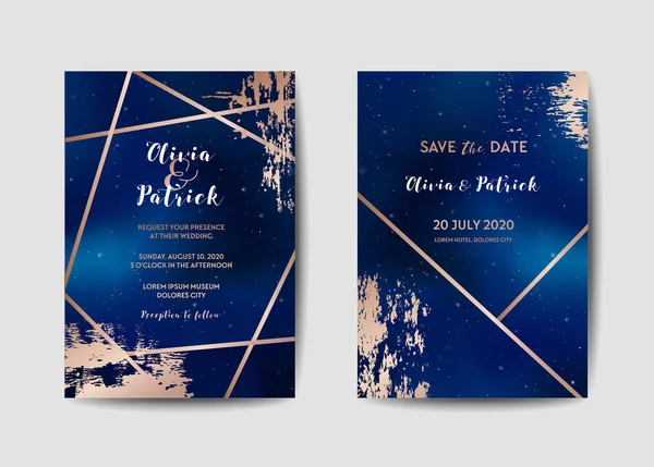 Starry Night Sky Trendy Wedding Invitation Card Set, Save the Date Plantilla Celestial de la Galaxia, Espacio, Estrellas Ilustración en vector — Vector de stock