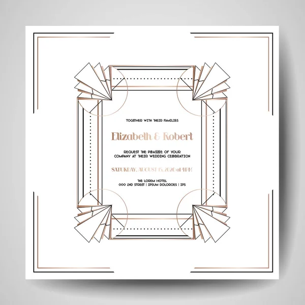 アールデコ結婚式招待状、ゴールドの幾何学的なフレームと高級日付カード。ベクトル トレンディなカバー, グラフィック ポスター、ギャツビー 1920年パンフレット, デザイン テンプレート — ストックベクタ