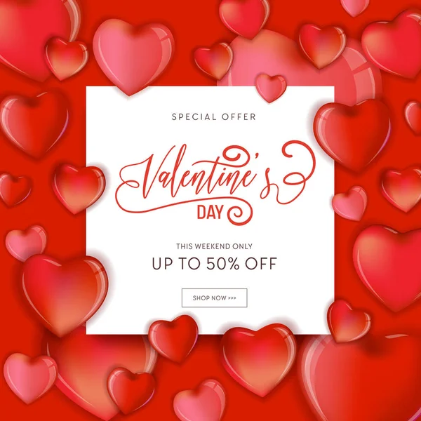 Buon San Valentino in vendita Volantino o poster con cuori colorati 3d e disegno letterario disegnato a mano, illustrazione vettoriale della carta d'amore — Vettoriale Stock