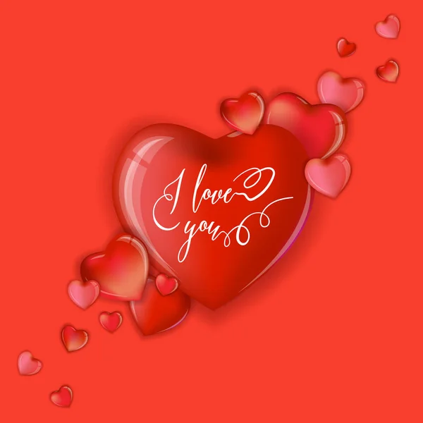 3D barevné srdce pro šťastný Valentines Day rukou kreslené nápisy design láska karta vektorové ilustrace, svatební Party Flyer nebo plakát — Stockový vektor