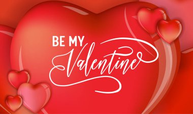 Mutlu sevgililer günü el çizilmiş yazı tasarımı, aşk için 3D renkli kalpler vektör çizim, düğün partisi el ilanı veya Poster kartı