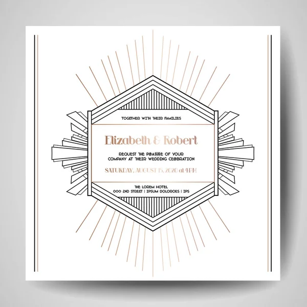 De uitnodiging van de bruiloft van Art deco, luxe Save the Date kaart met Gouden geometrische frame. Vector grafische poster, gatsby 1920 brochure, trendy cover, ontwerpsjabloon — Stockvector