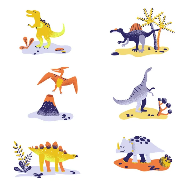 Lindos Dinosaurios Aislados Sobre Fondo Blanco Huella Dinosaurio Volcán Palmera — Vector de stock