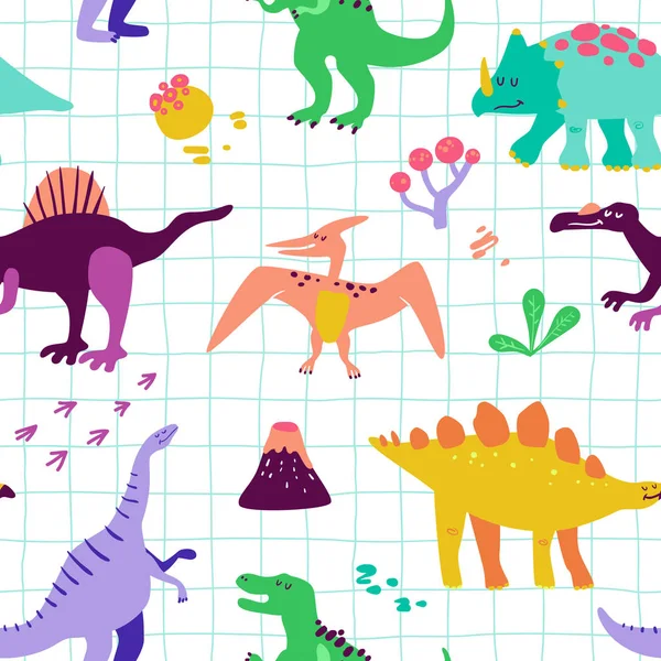 Dibujos animados sin costura dinosaurios patrón bebé fondo — Vector de stock