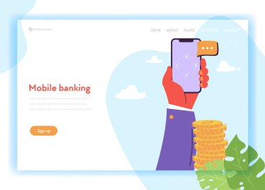 Online sayfa şablonu açılış bankacılık. Mobil ödeme kavram Smartphone Web sayfası mobil web sitesi tasarımı ile karakter ödeme ile. Vektör çizim