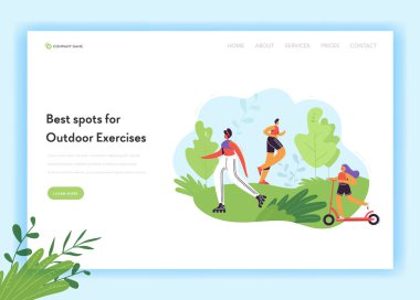 Sağlıklı yaşam açılış sayfası şablonu. Açık Excercises aktif bisiklet ve Web sayfası, mobil web sitesi için parkta koşan adam kadın karakter. Vektör çizim