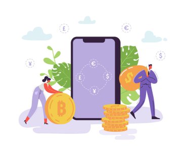 Mobil Döviz Alım Satım hizmeti. Karakterleri ve para ile online banka kavramı. İş adamı ve iş kadın değişiklikleri Döviz Alım Smartphone kullanarak. Vektör çizim