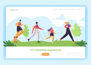 Sağlıklı yaşam açılış sayfası şablonu. Park, maratonunu Web sayfası ve mobil Web için çalışan insanların karakter. Kolay düzenleme için. Vektör çizim