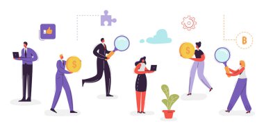 İş karakter koleksiyonu. Dizüstü bilgisayar ile iş adamı. İşkadını para ile. Takım çalışması ve liderlik kavramı. Ofis çalışanları ayarlayın. Vektör çizim