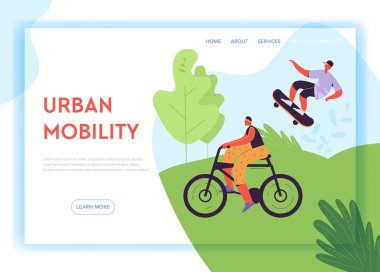Sağlıklı yaşam açılış sayfası şablonu. Bisiklet ve adam Web sayfası, mobil web sitesi için parkta kaykay üzerinde etkin karakter kadın. Vektör çizim