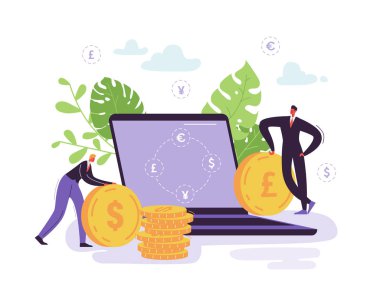 Mobil Döviz Alım Satım hizmeti. Karakterleri ve para ile online banka kavramı. İşadamı değişiklikleri dizüstü kullanarak para birimi. Vektör çizim