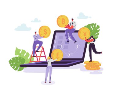 Mobil Döviz Alım Satım hizmeti. Karakterleri ve para ile online banka kavramı. İş adamı ve iş kadın değişiklikleri Döviz Alım dizüstü bilgisayar kullanarak. Vektör çizim