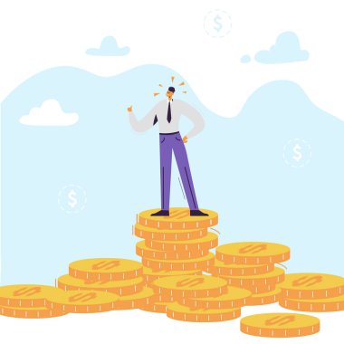 Mutlu başarılı işadamı karakteri ile çok para. Zenginlik, finansal başarı, para büyüme, kar kavramı. Vektör çizim