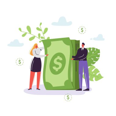 Para yığını ile iş adamları. Zengin işadamı ve işkadını karakter. Finansal başarı, kar, maaş, gelir, yapım para kavramı. Vektör çizim