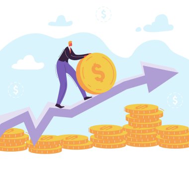 Başarılı bir iş adamı karakter oku en büyük altın madeni para bastırıyor. Zenginlik, finansal başarı, para büyüme, kar kavramı. Vektör çizim