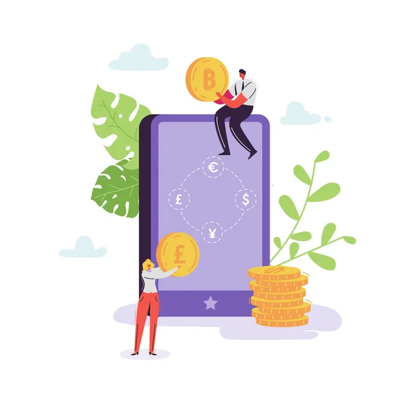 Мобильная служба обмена валюты. Концепция онлайн-банкинга с персонажами и деньгами. Бизнесмен и бизнес-леди меняют валюту с помощью планшета. Векторная иллюстрация — стоковый вектор