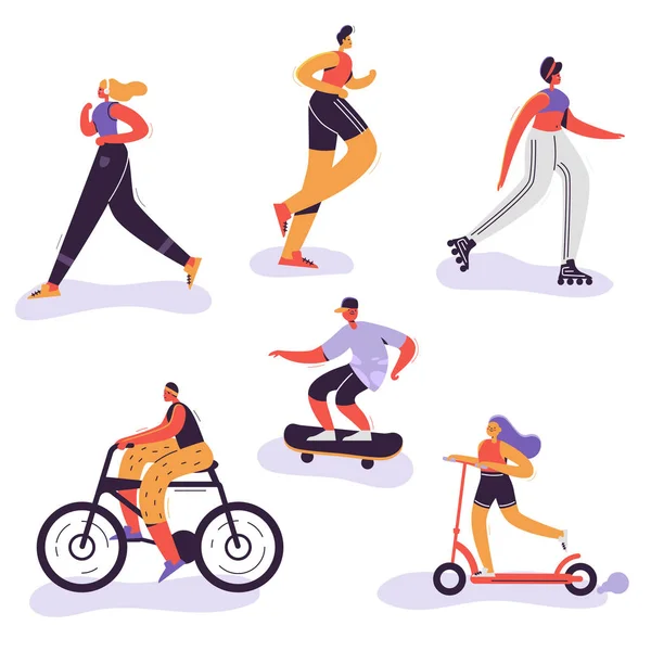Aktive beim Sport. Outdoor-Aktivitäten Laufen Frau, Mädchen Fahrrad fahren, Mann laufen Marathon. Charaktere, die sportliche Übungen machen. Vektorillustration — Stockvektor