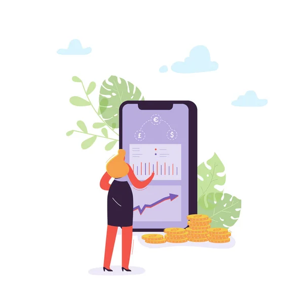Online Banking Concept with Woman Trasferimento di denaro utilizzando Smartphone. Carattere femminile che effettua il pagamento con l'applicazione Mobile Bank. Illustrazione vettoriale — Vettoriale Stock