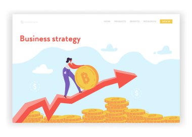 Sayfa şablonu açılış finansal büyüme stratejisi. Web sitesi veya Web sayfası için para tasarrufu düz iş kadın karakter. Yatırım kazanç, kariyer, maaş. Vektör çizim