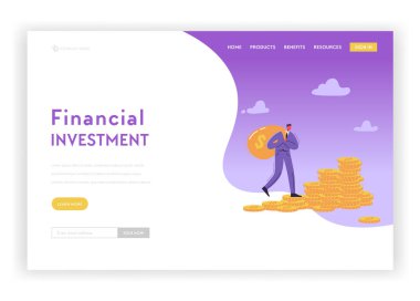 Sayfa şablonu açılış finansal yatırım stratejisi. Web sitesi veya Web sayfası için para tasarrufu düz işadamı karakter. Kar, kariyer, maaş. Vektör çizim