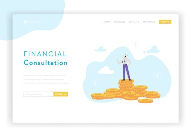 Sayfa şablonu açılış mali danışmanlık strateji. Düz işadamı karakter para Banner Web sitesi veya Web sayfası için kaydetme. Kar, kariyer, maaş. Vektör çizim