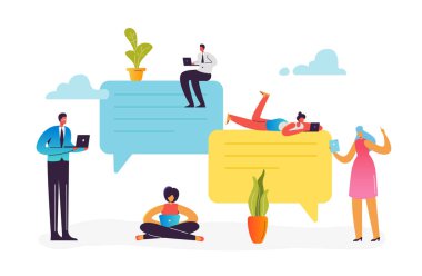 Sosyal medya ağ kavramı. Online iletişim için mobil cihazlar akıllı telefon, Laptop, Tablet kullanarak karakter. İnternette chat yapan kadın ve erkek. Vektör çizim