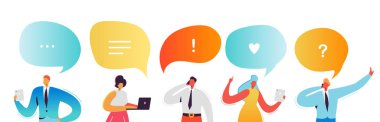 Sosyal medya ağ kavramı. Online iletişim için mobil cihazlar akıllı telefon, Laptop, Tablet kullanarak karakter. Konuşma balonları ile internette chat yapan kadın ve erkek. Vektör çizim
