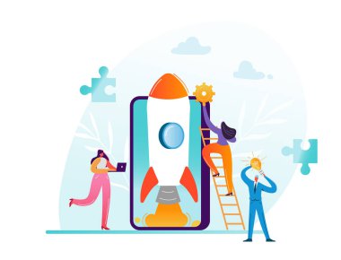 Başlangıç iş proje ekip çalışması kavramı. Roket ile Smartphone başlatma iş karakter. Modern mobil teknoloji yönetimi ve yenilik fikir insanlarla. Vektör çizim