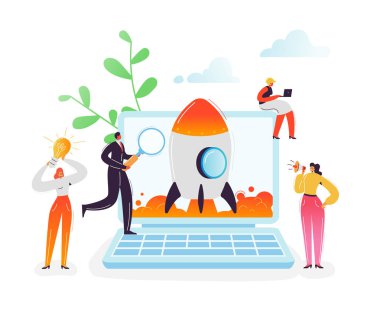 Başlangıç iş proje ekip çalışması kavramı. İş karakter--dan Laptop roket başlatılması. Modern teknoloji yönetimi ve yenilik fikir insanlarla. Vektör çizim