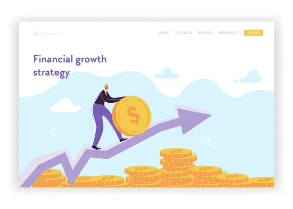 Financial Growth Strategy Landing Page Template. Flat Businessman Character Saving Money for Website or Web Page. Investment Profit, Career, Salary. Vector illustration — Stock Vector